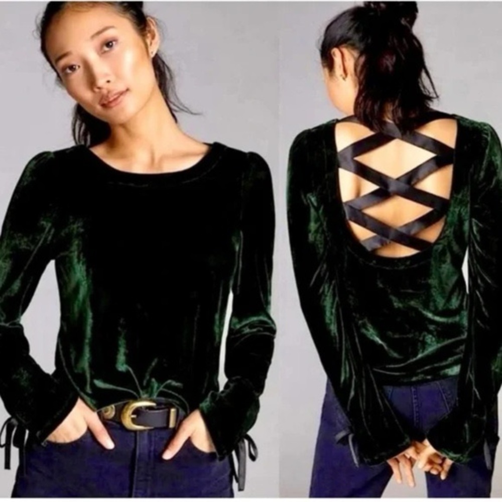Anthropologie Forest Green Velvet Long-Sleeve Top with Strappy Open Back